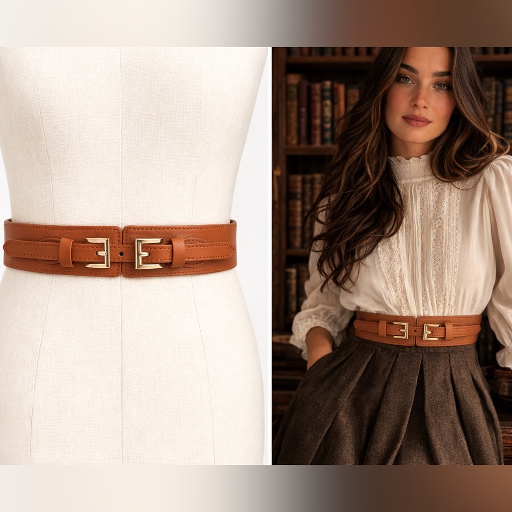 Boho Double Buckle Stretch Waist Belt Faux Leather